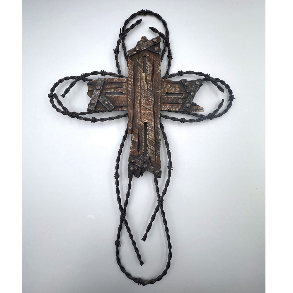 Rustic Wooden Wall Cross Twisted Barbed Wire Primitive Christian Decor 17"